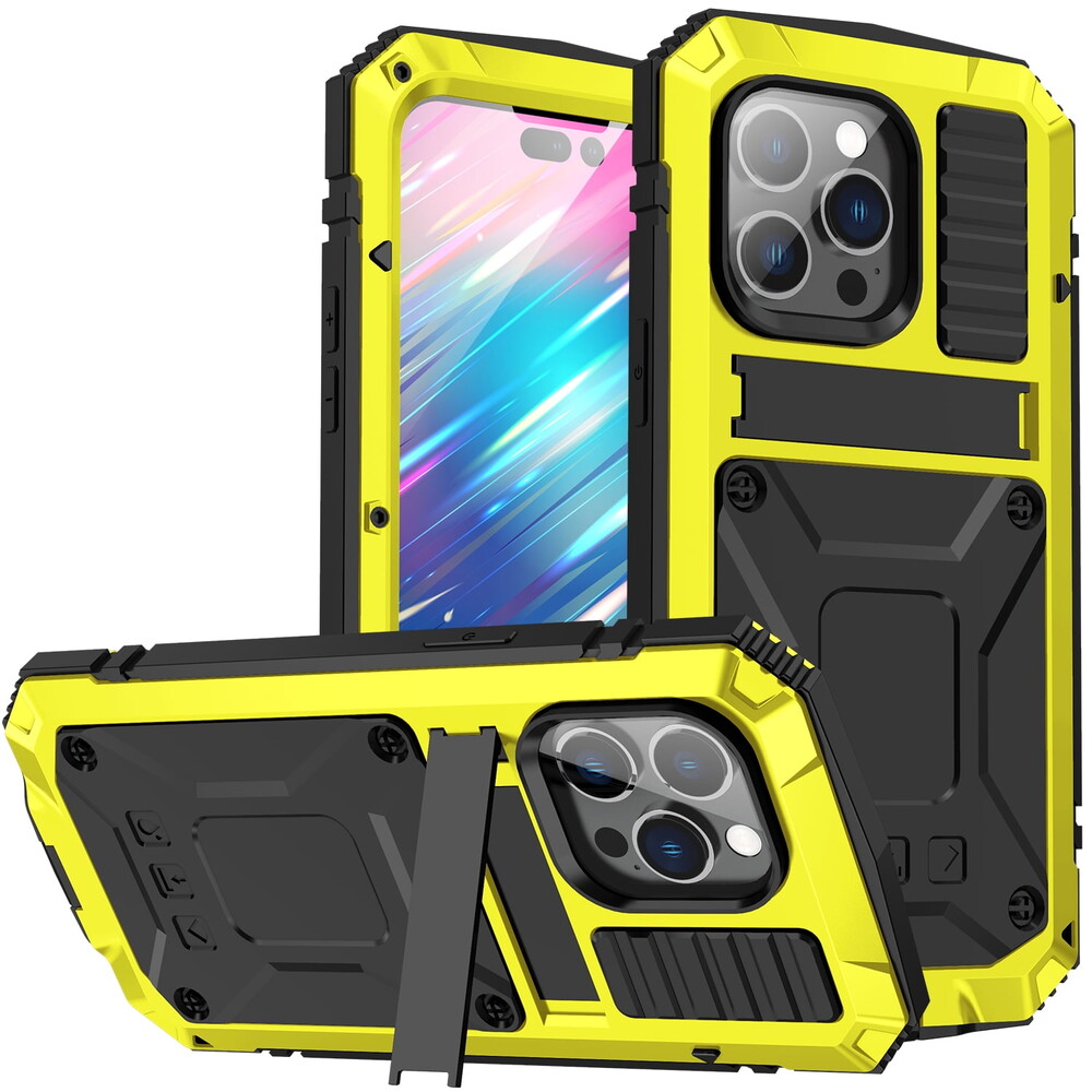 Dteck Heavy Duty Case for Apple iPhone 14 Pro Max, Military Grade Drop Tested, Aluminum TPU Rugged Dustproof Shockproof 360 Full Body Built-in Screen Protector Protective Case Cover,Yellow