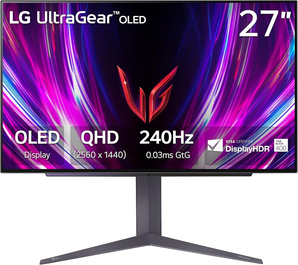 LG ‎27GS93QE 27-inch Ultragear OLED Gaming Monitor QHD 1440p 240Hz 0.03ms DisplayHDR True Black 400 AMD FreeSync Premium Pro NVIDIA G-Sync HDMI 2.1 DisplayPort Tilt/Height/Pivot Stand Black