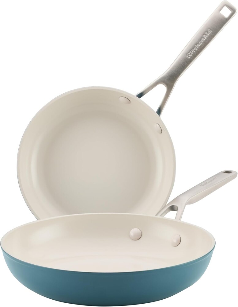 KitchenAid Hard Anodized Ceramic Induction Nonstick Cookware 2-Piece Frying Pans/Skillet Set, Dishwasher Safe, 8.25 Inch and 10 Inch Non Stick Fry Pans with Stainless Steel Handles - Agave Blue
