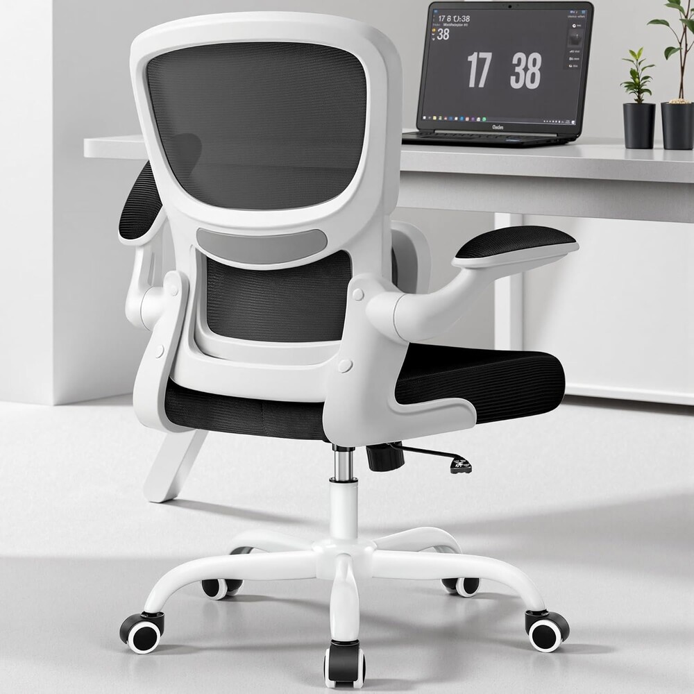 Office Chair Ergonomic Desk Chair, Breathable Mesh Comfy Chair with Lumbar Support, Computer Chair, Home Desk Chair with Flip-up Armrests, Gaming Chair for Adults Home Office (White)