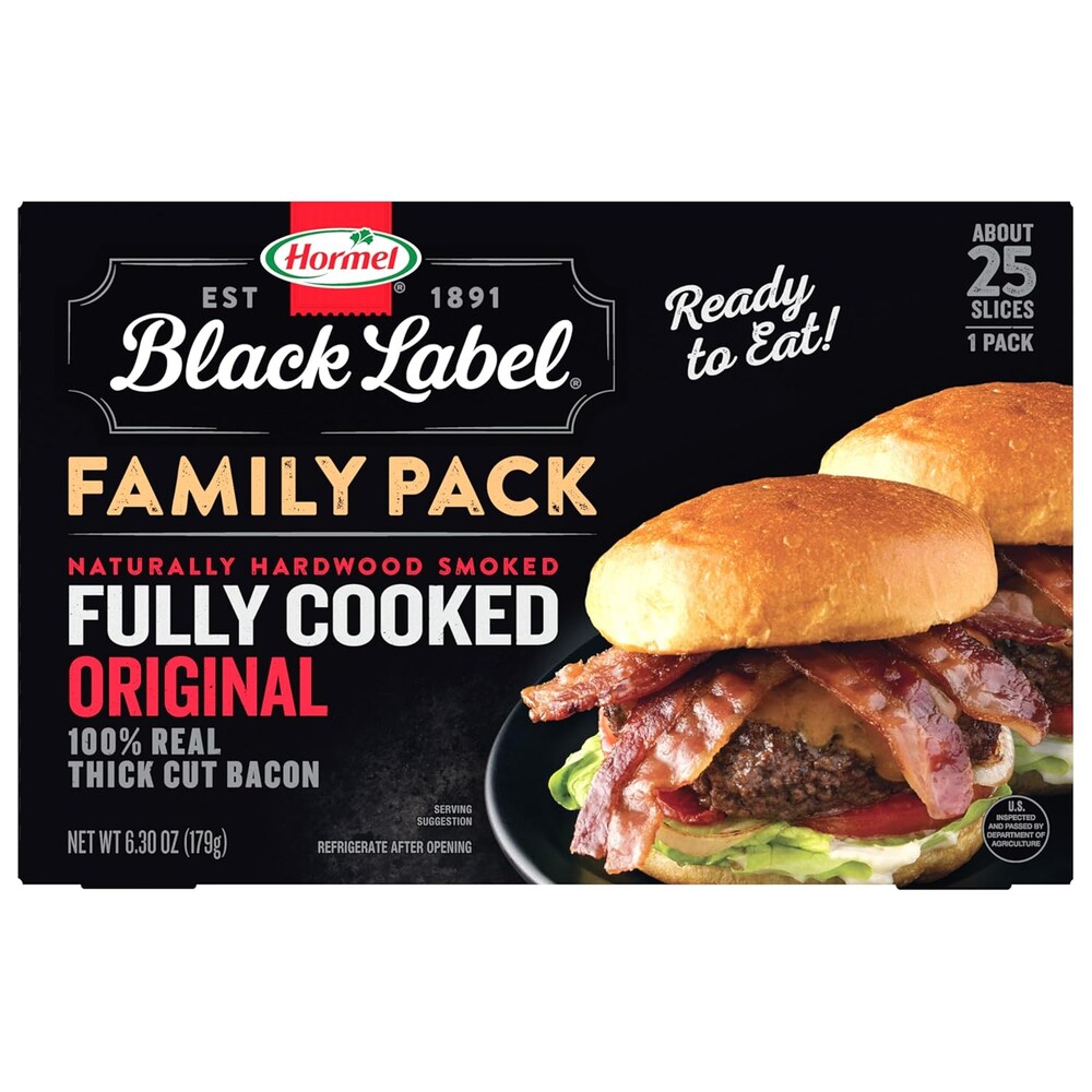HORMEL BLACK LABEL Thick Cut Bacon, Fully Cooked Bacon, Gluten-Free Snacks, Family Pack - 6.3oz