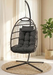 SereneLife Egg Chair with Stand – Hanging Rattan Wicker Swing for Indoor Outdoor Use – 350 lbs Capacity, Breathable Cushion & Headrest – Patio, Balcony, Porch, Bedroom Lounge Furniture