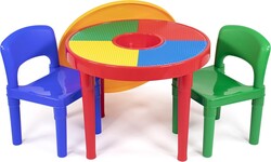 Humble Crew, Red/Green/Blue Kids 2-in-1 Plastic Building Blocks-Compatible Activity Table and 2 Chairs Set, Round, Primary Colors, Primary