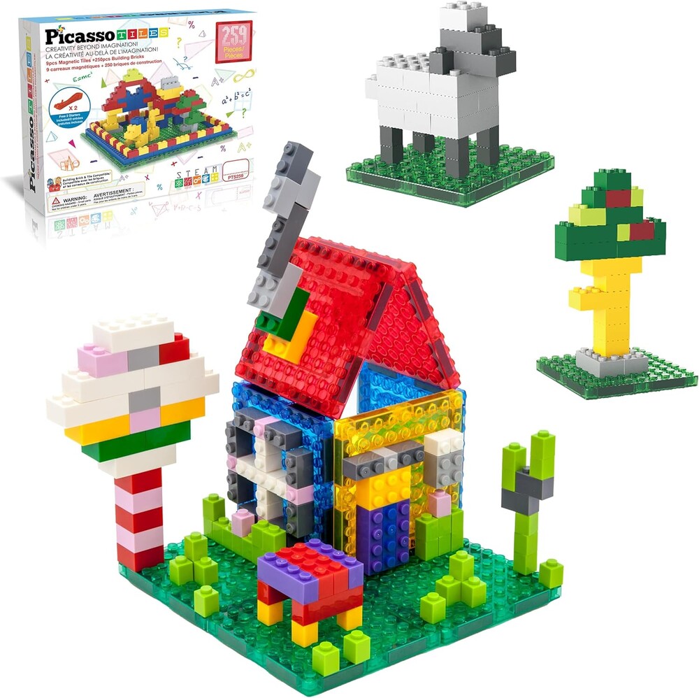 PicassoTiles Magnetc Brick Tile 259pcs Building Block Combo Set Compatible with Major Brick Systems Over 50+ Builds STEM Educational Construction Toy for Kids Toddlers Boys Girls Ages 3 and Up PTS259