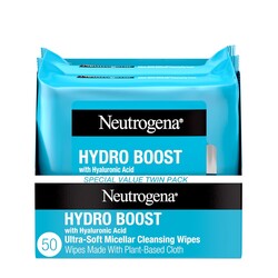 Neutrogena Hydro Boost Ultra-Soft Micellar Cleansing Wipes with Hyaluronic Acid, Hydrating Makeup Remover Wipes Remove Dirt & Waterproof Makeup, Hypoallergenic, Plant-Based Cloth, 2 x 25 ct