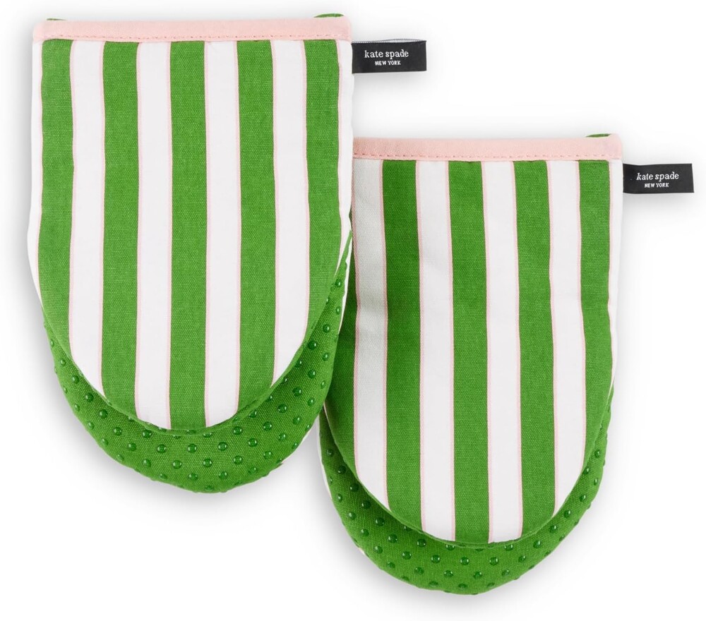 Kate Spade New York Botanical Stripe Mini Oven Mitt 2-Pack Set, 5.5" x 8", Green/Pink
