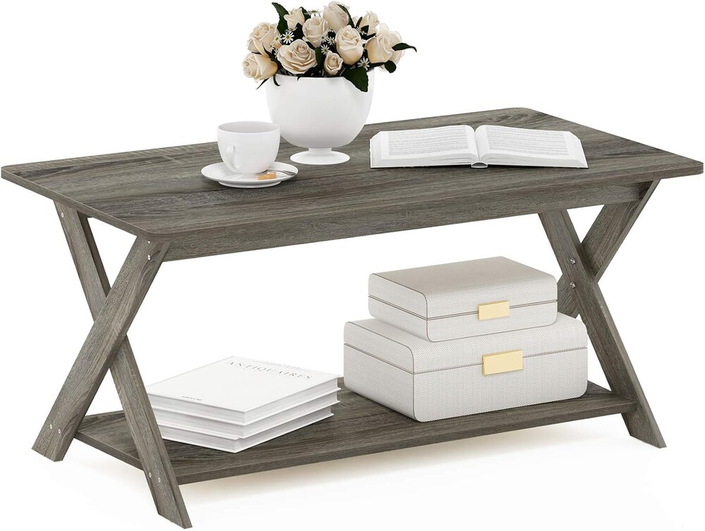 Furinno Modern Simplistic Criss-Crossed Coffee Table, 35.4 in x 19.6 in x 16 in, French Oak Grey
