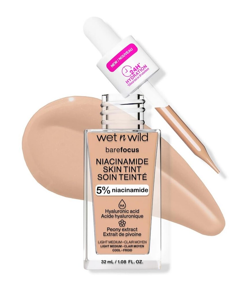 wet n wild Bare Focus Skin Tint, 5% Niacinamide Enriched, Buildable Sheer Lightweight Coverage, Natural Radiant Finish, Hyaluronic & Vitamin Hydration Boost, Cruelty-Free & Vegan-Light Medium Sand