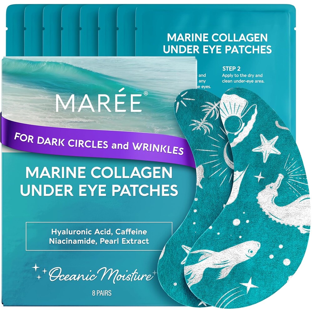 MAREE Hydrating Under Eye Patches for Puffy Eyes and Dark Circles – Marine Collagen & Caffeine Eye Patches – Brightening Eye Patche with Niacinamide – Depuffing Eye Mask for Dark Circles and Puffiness