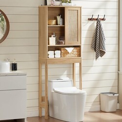 LEYAOYAO Over The Toilet Storage Cabinet with Rattan Sliding Door, 68" Tall Wood Above Toilet Bathroom Organizer w/Adjustable Shelf & Curved Profile, Space Saver Freestanding Washer Shelf, Natural