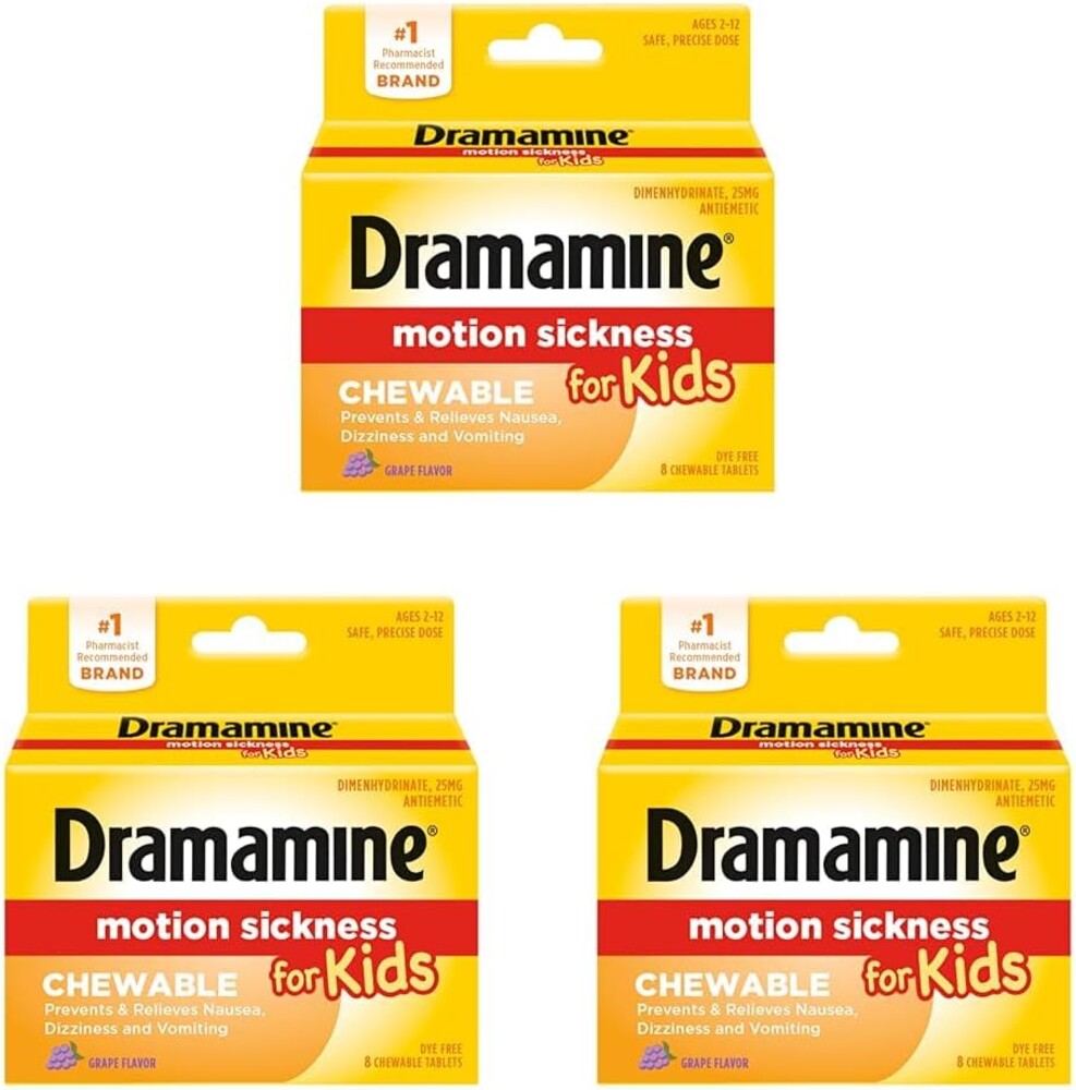 Dramamine Motion Sickness Relief for Kids - Chewable Grape Flavor, 8 Count (Pack of 3)