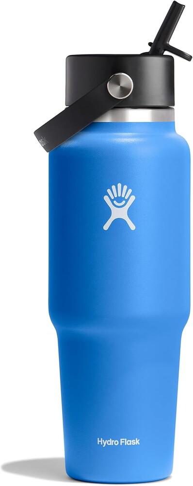 Hydro Flask Travel Water Bottle - Insulated Stainless Steel - Wide Straw Lid, Non Spill, Leakproof in 32 Oz Cascade Blue