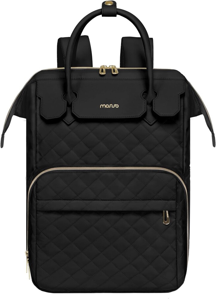 MOSISO Laptop Backpack for Women Men, 15-15.6 inch Rhombus Quilted Flight Approved Travel Backpack with PU Handle, 16 inch Carry on Daypack with USB Port for College Work Business, Black