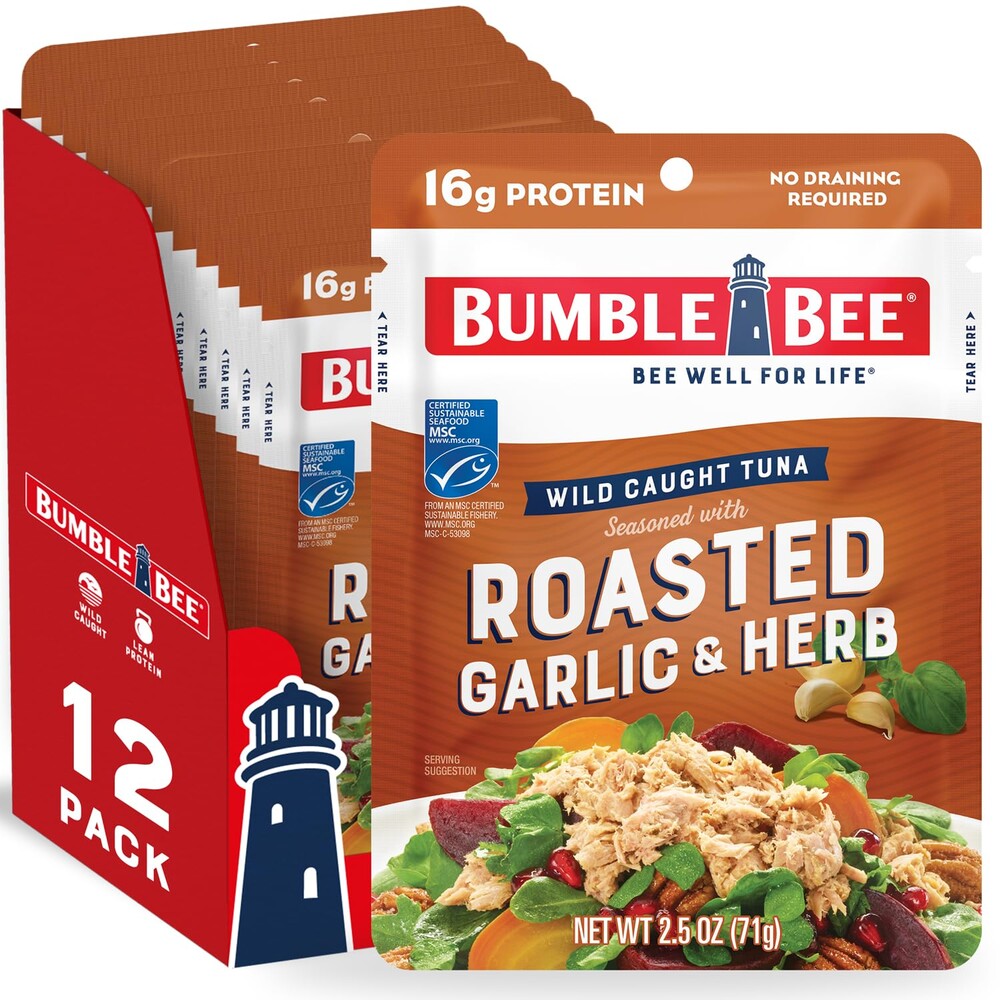 Bumble Bee Roasted Garlic & Herb Seasoned Tuna, 2.5 oz Pouches (Pack of 12) - Ready to Eat - Wild Caught Tuna Packet - 16g Protein per Serving - Gluten Free