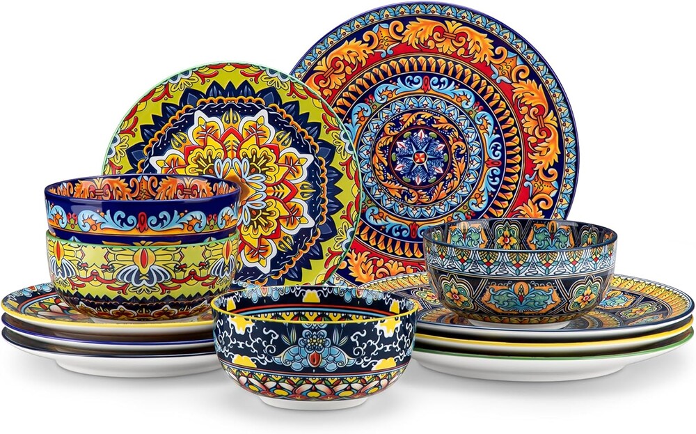 vancasso Plates and Bowls Sets,12-Piece Porcelain Dinnerware Set Service for 4, Bohemian Style Dishes Set for 4, Kitchen Dinner Set, Microwave and Dishwasher Safe, Scratch Resistant, Series KRVI