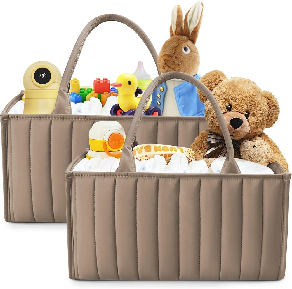 SWEET DOLPHIN 2-Pack Quilted Diaper Caddy Organizer – Premium Puffer Style Nursery Storage Bins – Water-Resistant & Wipeable Changing Table Organizer – Trendy Tote for Home & Car Travel - Mocha Brown