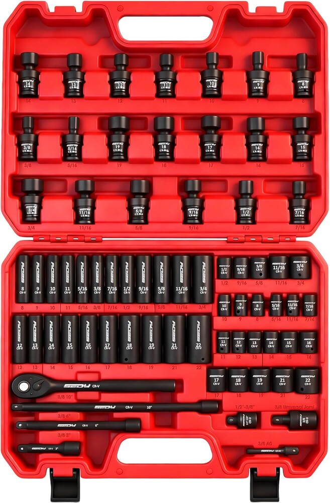 71-Piece 3/8" Drive Master Impact Socket Set, SAE and Metric, 5/16"- 3/4", 8mm - 22mm, Cr-V, Cr-MO, Universal Joint Deep Standard Sockets with Ratchet Handle, Swivel Sockets, Extension Bars, Adapters