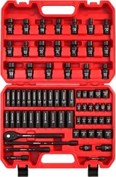 71-Piece 3/8" Drive Master Impact Socket Set, SAE and Metric, 5/16"- 3/4", 8mm - 22mm, Cr-V, Cr-MO, Universal Joint Deep Standard Sockets with Ratchet Handle, Swivel Sockets, Extension Bars, Adapters