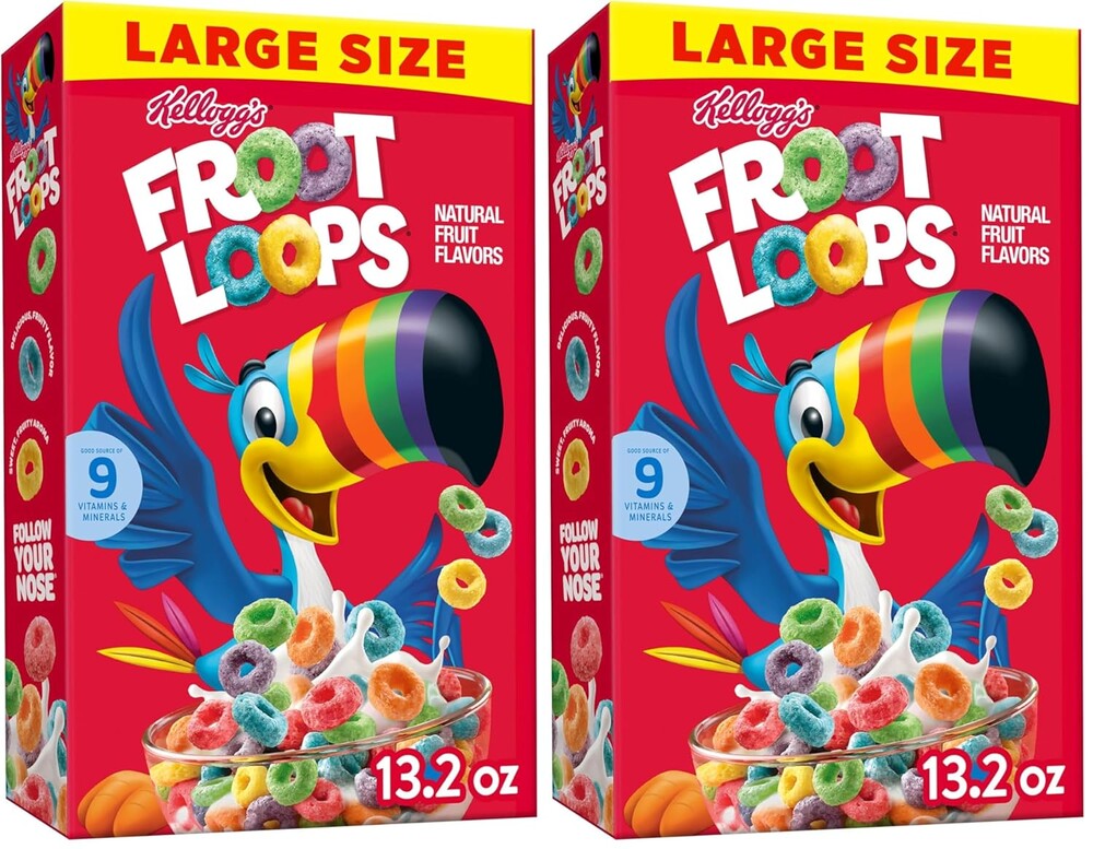 Kellogg's Froot Loops Breakfast Cereal, Fruit Flavored, Breakfast Snacks with Vitamin C, Large Size, Original, 13.2oz Box (1 Box) (Pack of 2)
