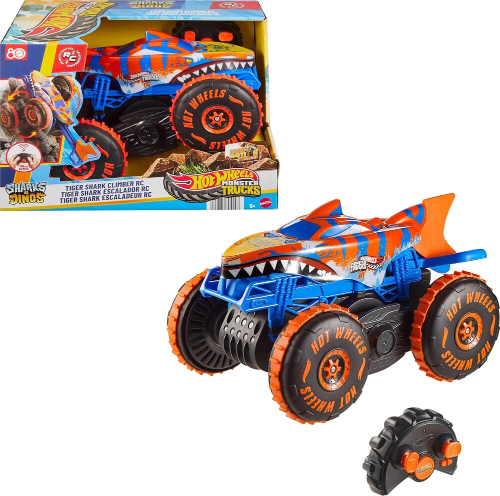 Hot Wheels Monster Trucks Remote Control Toy Vehicle, Large-Scale RC Tiger Shark Climber with 3 Modes of Play for Racing, Climbing & Stunting