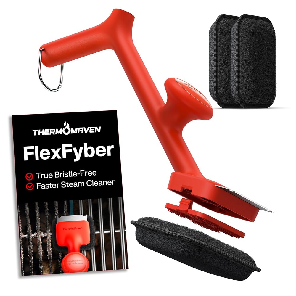 Thermomaven Grill Brush Bristle Free with 3 Replacement Brush Heads, Steam Grill Brush with Scraper, Non Metal Bristles for Cast Iron, Stainless-Steel Grates, Safe for Non-Stick Surface