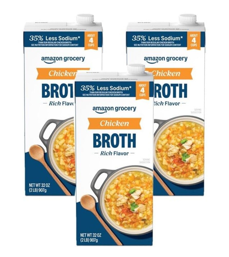 Amazon Fresh, 35% Less Sodium Chicken Broth, 32 Oz (Pack of 3)