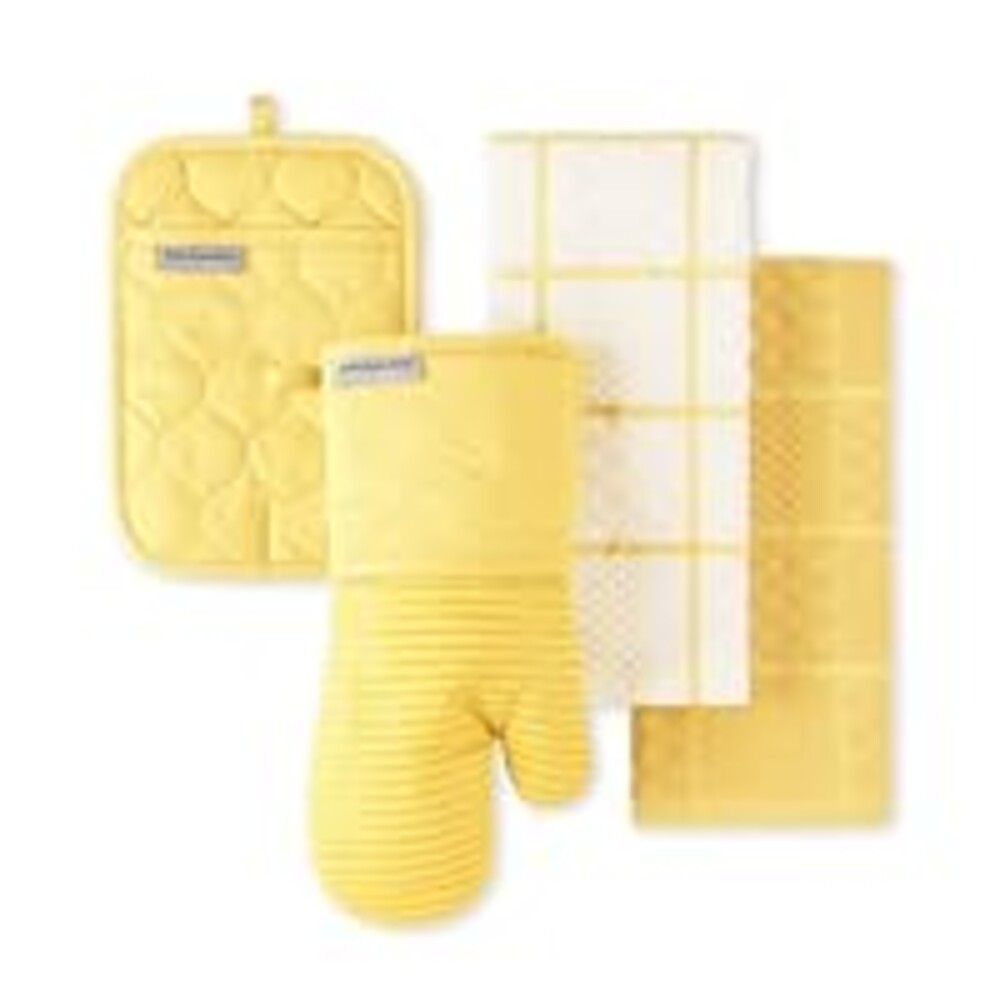 KITCHENAID Quilted Cotton Terry Cloth Oven Mitt, Pot Holder, Kitchen Towel 4-Pack Set, Heat Resistant, Silicone Grip, 16"x26", 7"x13" & 7"x10", Butter Yellow