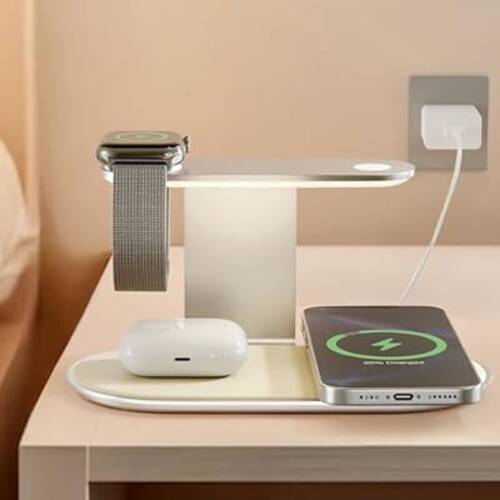 4-in-1 for Magsafe Wireless Charging: 15W Qi Magnetic Fast Charger Station Pad with Night Light for iPhone 16 15 14 13 12 Pro Max - for Apple Watch and AirPods Series - Desk Nightstand Bedside, Silver