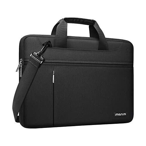 MOSISO 360 Protective Laptop Shoulder Bag Compatible with MacBook Air/Pro,13-13.3 inch Notebook,Compatible with MacBook Pro 14 inch with Front Horizontal&Vertical Pockets&Fix Handle&Belt, Black