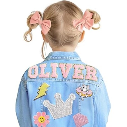 Personalized Kids Denim Jacket for Girls with Name and Multiple Element Patches, Back to School Outfits for kids, Customized Name Outerwear Birthday Gift for Girl Baby Shower, Toddler Clothes 1-8