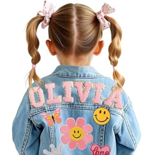 Personalized Kids Denim Jacket for Girls with Name Patches, Back to School Outfits, 1-8 Year Old Birthday Gifts for Toddler Boys Girls Clothes, Customized Christmas Birthday Gifts for Girl Baby Shower