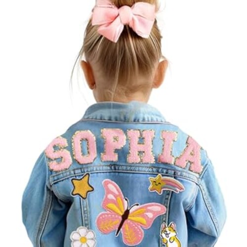 Gowelly Personalized Girls Denim Jacket with Name Patches, Custom Easter Birthday Gifts for Kids Baby Shower, Boys' & Girls' Outerwear Jean Jackets, Toddler Baby Girl Clothes 1-8