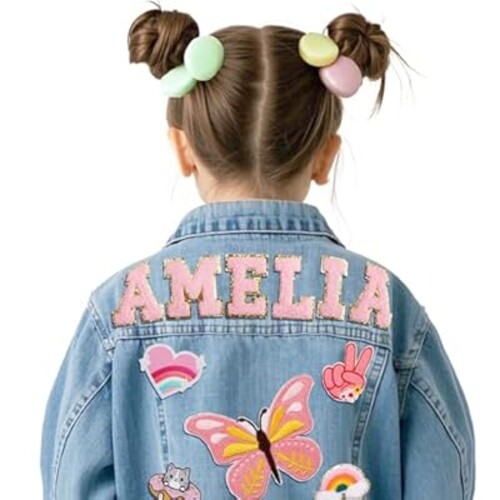Personalized Kids Denim Jacket with Name and Multiple Element Patches, Back to School Outfits for Girls and Boys, Customized Name Outerwear Birthday Gift for Girls Boy Baby Shower, Toddler Clothes 1-8