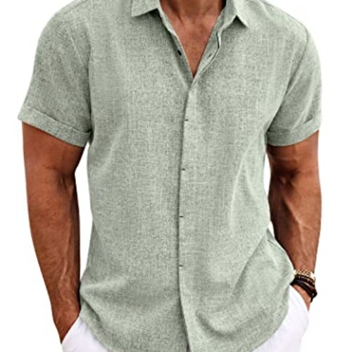 COOFANDY Men's Casual Shirts Button Up Shirt Linen Summer Beach Outfit Yoga Tee Light Green Large