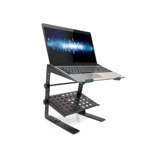Pyle Portable Adjustable Laptop Stand - 6.3 to 10.9 Inch Standing Table Monitor or Computer Desk Workstation Riser with Shelf Storage and Height Alignment for DJ, PC, Gaming, Home or Office - PLPTS30