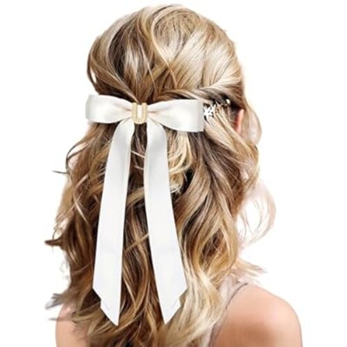 2Pcs Personalized Satin Hair Bows & Ribbon Set – Black & White Hair Clips for Women, Girls, Kids | Cute Hair Accessories for Wedding, Birthday, Christmas, Valentine’s Day Gifts -U