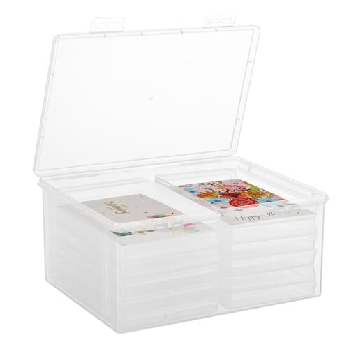 Rainmae Photo Storage Box 5 Inch, 12 Inner Extra Large Photo Boxes, Plastic Trading and Greeting Cards Storage Container, Scrapbooking Craft Organizer with Lid for Photos Stamps etc (Clear, 12 Boxes)
