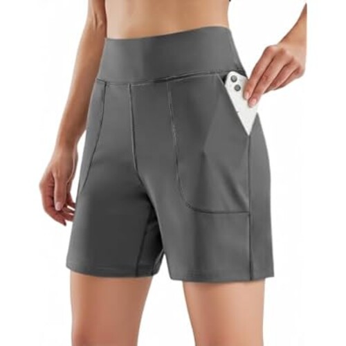 Women High Waisted Workout Yoga Shorts with Pockets 6" Bermuda Shorts Walking Running Casual