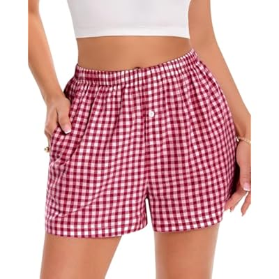 Boxer Shorts for Women Summer Gingham Pajama Casual Plaid Shorts Y2K Beach Bottoms with Pocket