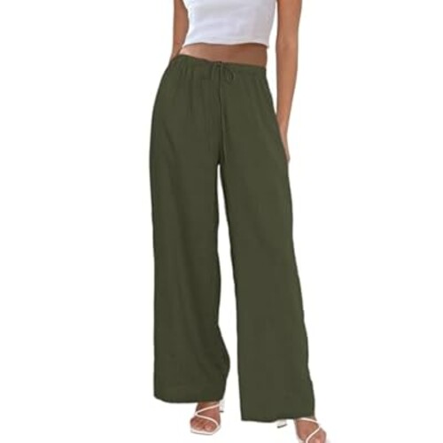 Duyang Womens Cotton Linen Palazzo Pants Drawstring Elastic Waist Casual Wide Leg Trousers with Pockets