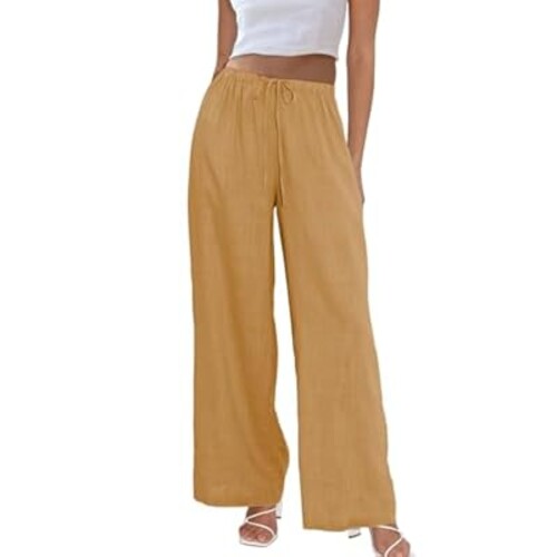 Duyang Womens Cotton Linen Palazzo Pants Drawstring Elastic Waist Casual Wide Leg Trousers with Pockets