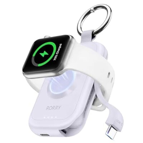 RORRY Portable Charger for Apple Watch, 2500mAh Fast Charging for iWatch Charger, Travel Essentials Gifts with Built-in USB C Cable for Apple Watch Series 10 9 8 7 6 5 Ultra 2 SE Accessories, Purple