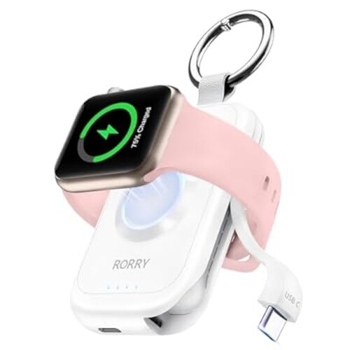 RORRY Portable Charger for Apple Watch, 2500mAh Fast Charging for iWatch Charger, Travel Essentials Gifts with Built-in USB C Cable for Apple Watch Series 10 9 8 7 6 5 Ultra 2 SE Accessories, White