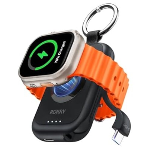 RORRY Portable Charger for Apple Watch, 2500mAh Fast Charging for iWatch Charger, Travel Essentials Gifts with Built-in USB C Cable for Apple Watch Series 10 9 8 7 6 5 Ultra 2 SE Accessories, Black