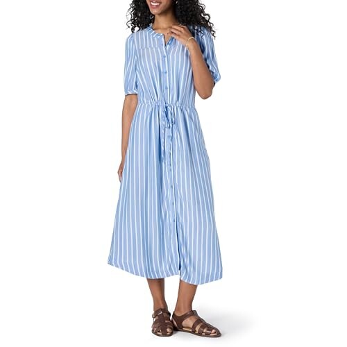 Amazon Essentials Women's Relaxed Fit Half-Sleeve Waisted Midi A-Line Dress, Blue White French Stripe, Large