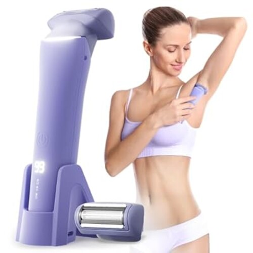 Buqikma Bikini Trimmer for Women - Rechargeable Electric Razor, IPX6 Waterproof Shaver, Painless Pubic Hair Trimmer, Underarm, Leg & Arm, Womens Body Shaver with Charging Dock, Purple