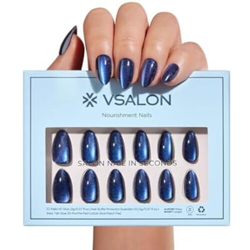 VSALON Press on Nails Short Almond - Blue Cat Eye Chrome Fake Nails Kit, Long-Lasting & Reusable Opaque Gel Nails with Nail Glue & Protector Oil - 32 PCS Stick on Nails in 16 Sizes (Tear Of The Sea)