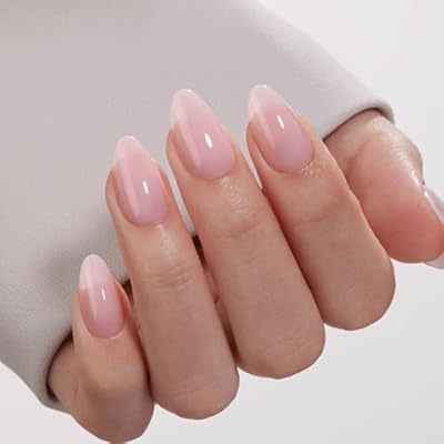 VSALON Press On Nails Short Almond, Sheer Pink Gel Jelly Fake Nails with UV Cure Glue, 28 Days Long Lasting No Pop-Off, Neutral Glue On Nails in 16 Sizes - 32 Stick On Nails Kit