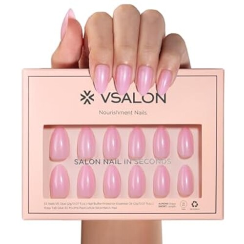 VSALON Press-On Nails Short Almond - Pink Pearl Glitter Opaque Nails Kit for Woman, Reusable Long-Lasting Fake Nails & Soft Gel Nail Glue, Protector Cuticle Oil, Tabs & Nail File - 32 PCS in 16 Sizes