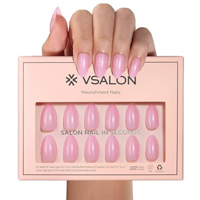 VSALON Press-On Nails Short Almond - Pink Pearl Glitter Opaque Nails Kit for Woman, Reusable Long-Lasting Fake Nails & Soft Gel Nail Glue, Protector Cuticle Oil, Tabs & Nail File - 32 PCS in 16 Sizes